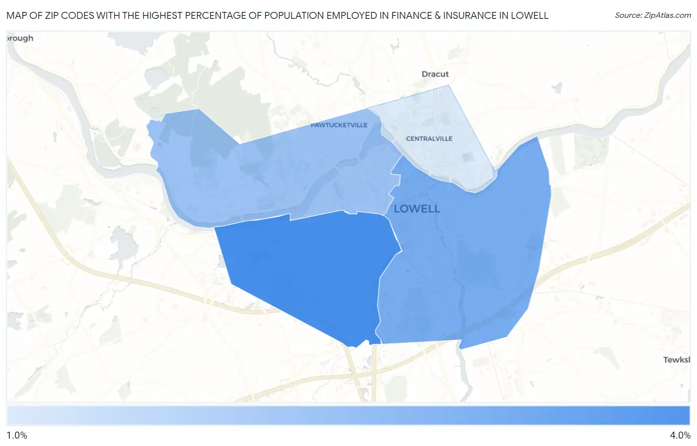 Zip Codes with the Highest Percentage of Population Employed in Finance & Insurance in Lowell Map