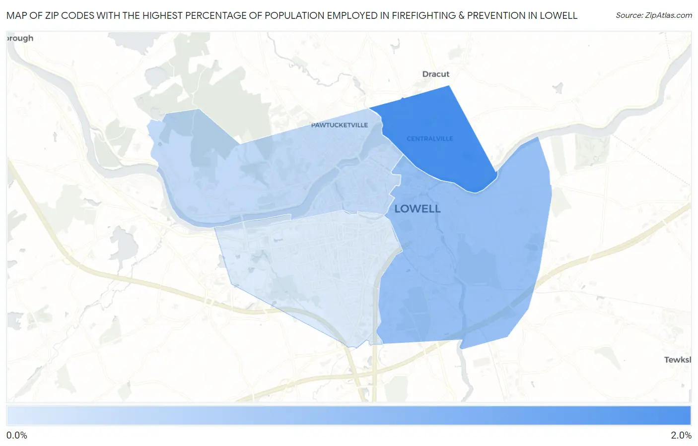 Zip Codes with the Highest Percentage of Population Employed in Firefighting & Prevention in Lowell Map