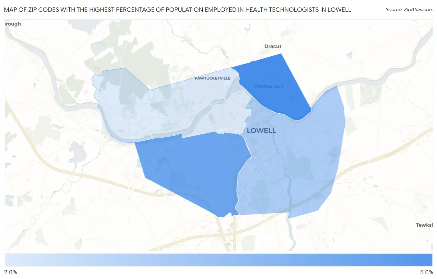Zip Codes with the Highest Percentage of Population Employed in Health Technologists in Lowell Map