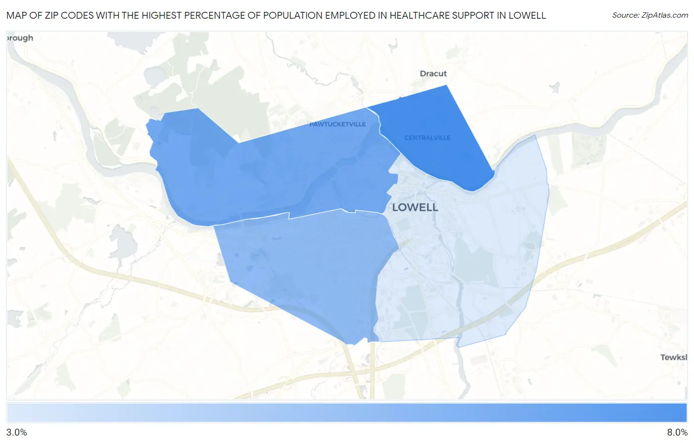 Zip Codes with the Highest Percentage of Population Employed in Healthcare Support in Lowell Map