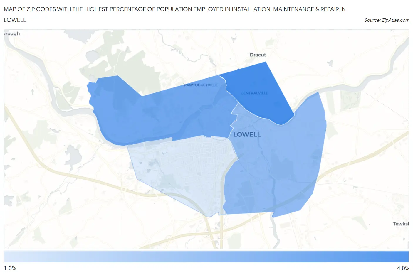 Zip Codes with the Highest Percentage of Population Employed in Installation, Maintenance & Repair in Lowell Map