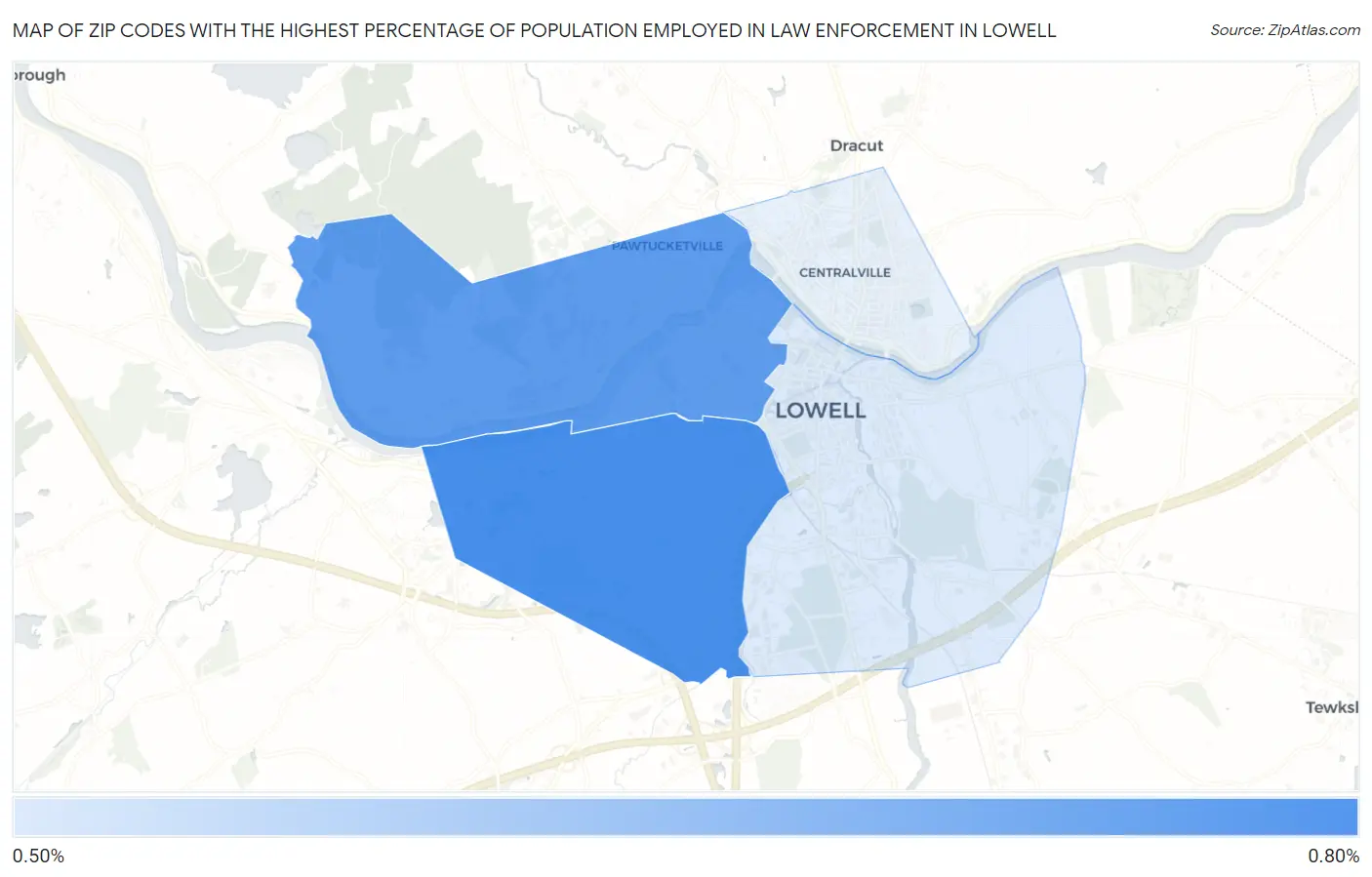 Zip Codes with the Highest Percentage of Population Employed in Law Enforcement in Lowell Map