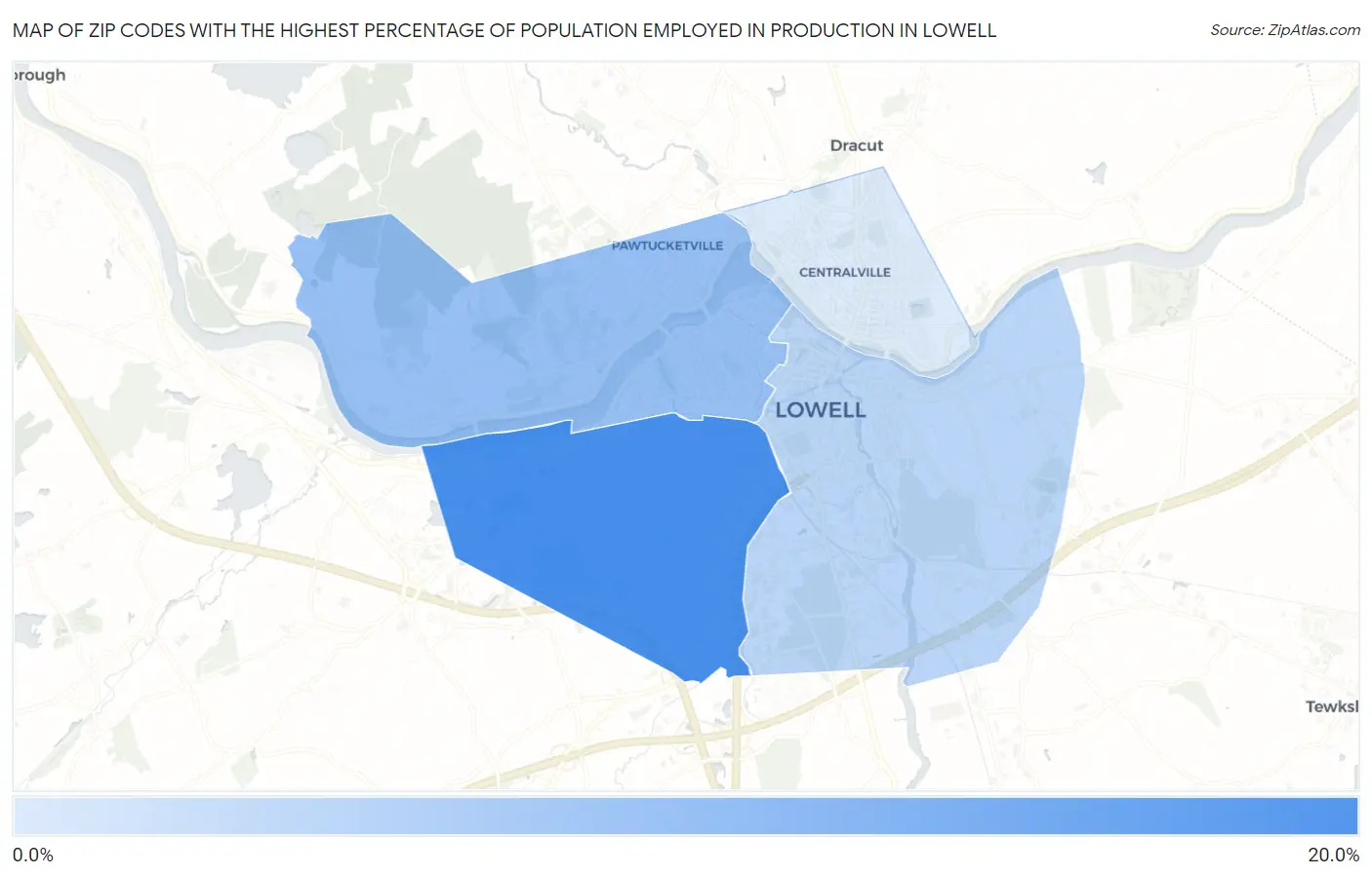 Zip Codes with the Highest Percentage of Population Employed in Production in Lowell Map