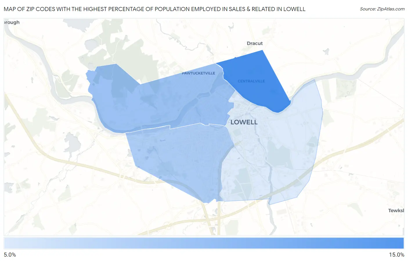 Zip Codes with the Highest Percentage of Population Employed in Sales & Related in Lowell Map