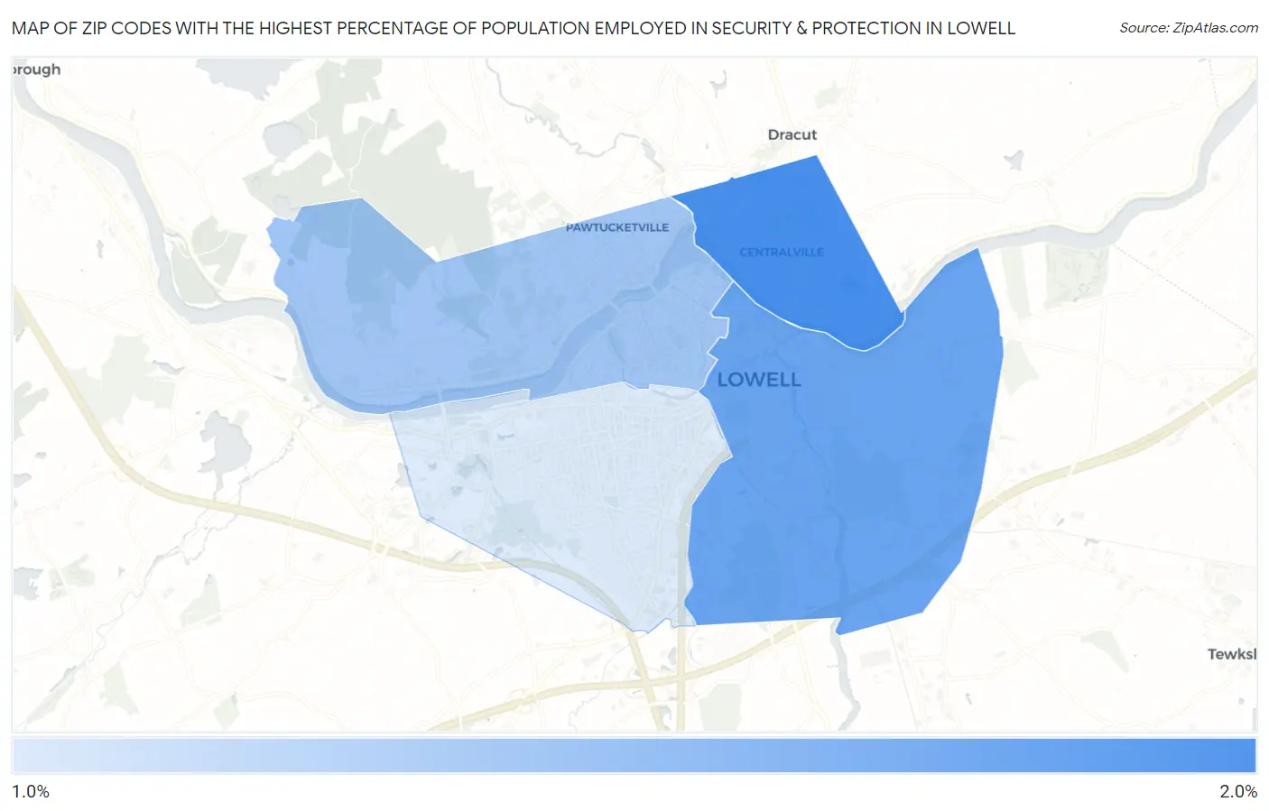 Zip Codes with the Highest Percentage of Population Employed in Security & Protection in Lowell Map