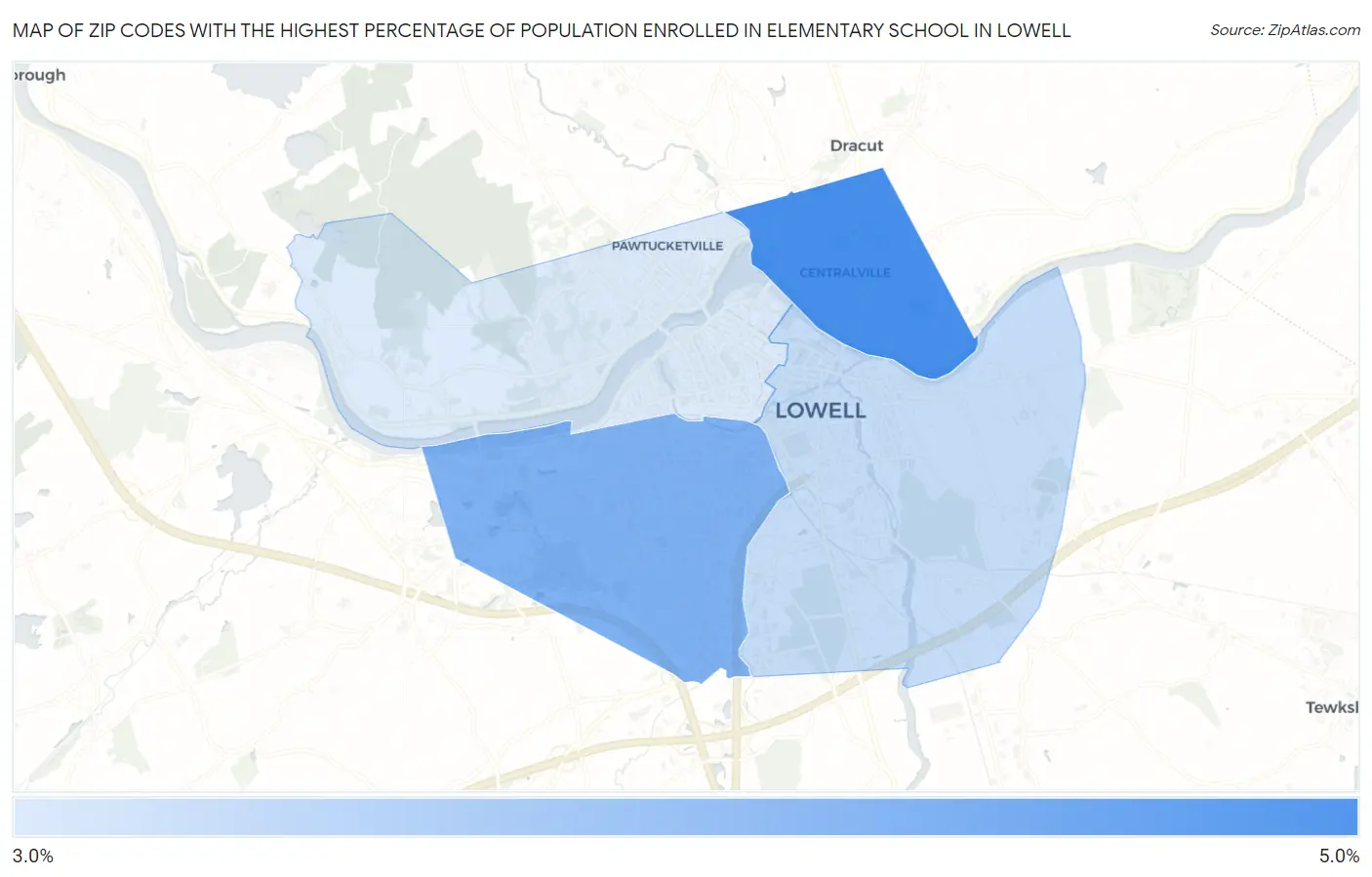 Zip Codes with the Highest Percentage of Population Enrolled in Elementary School in Lowell Map