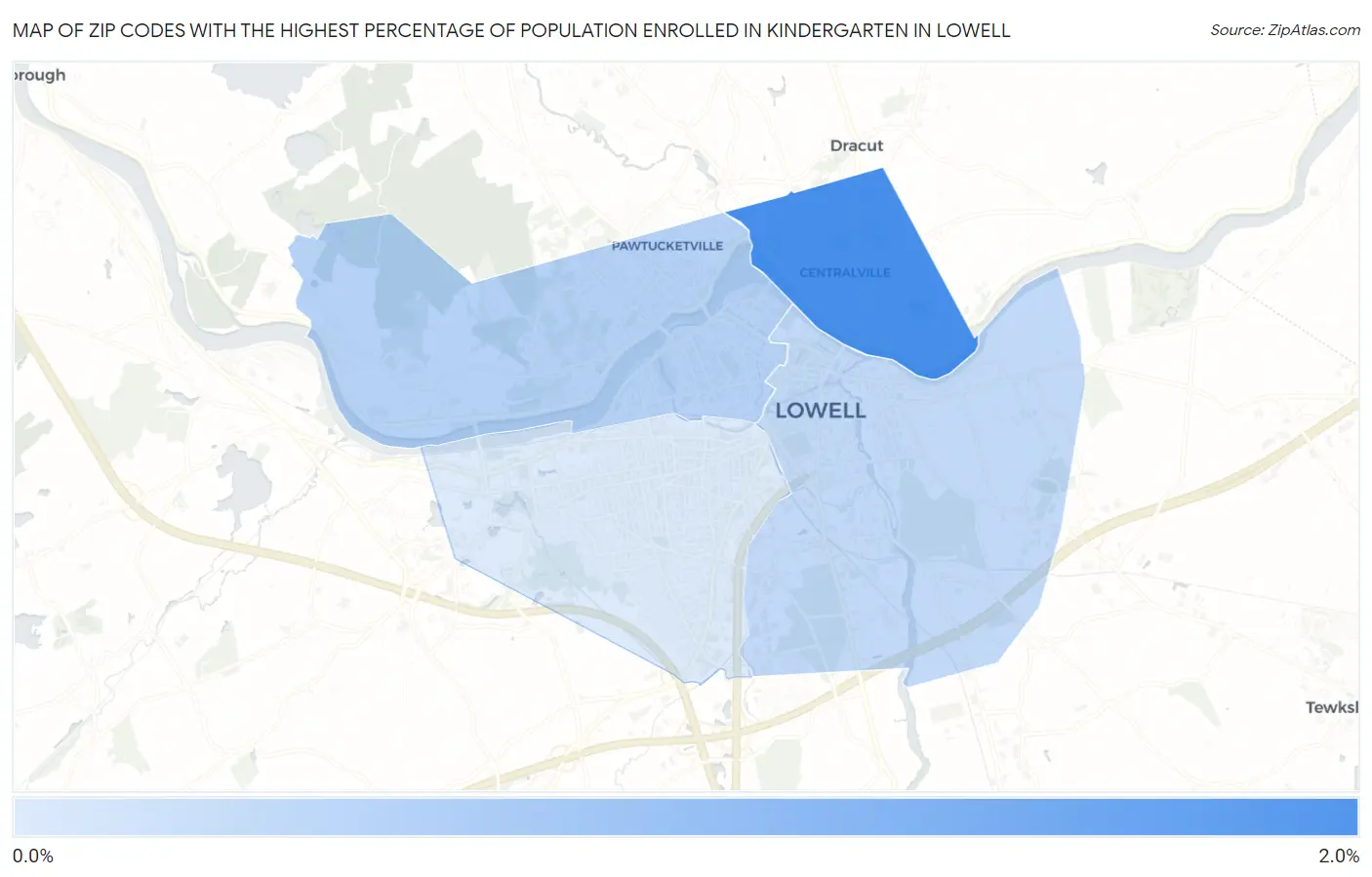 Zip Codes with the Highest Percentage of Population Enrolled in Kindergarten in Lowell Map