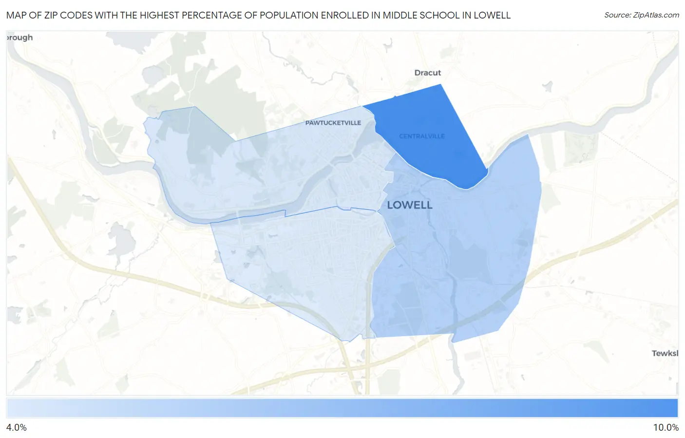 Zip Codes with the Highest Percentage of Population Enrolled in Middle School in Lowell Map