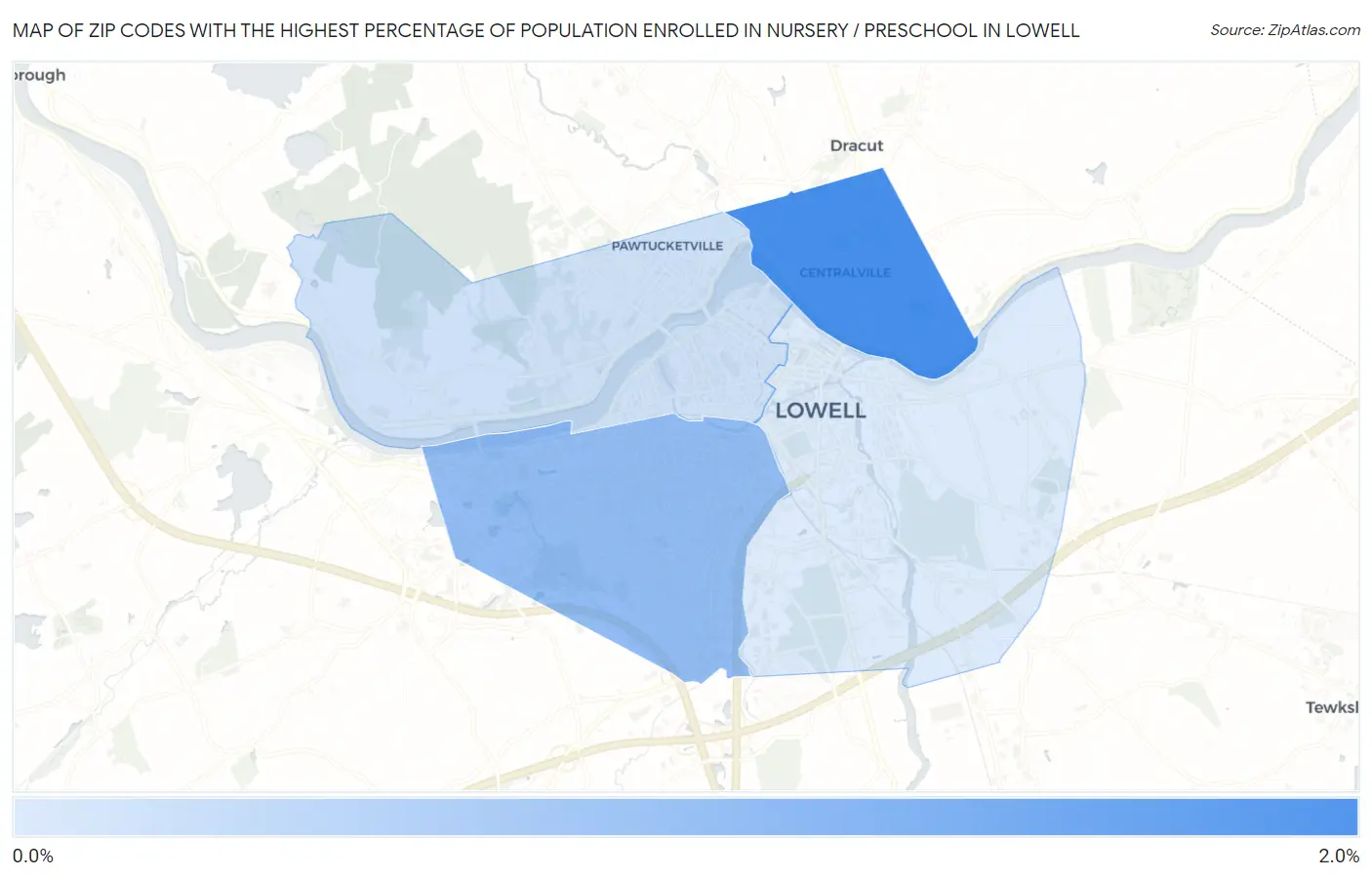 Zip Codes with the Highest Percentage of Population Enrolled in Nursery / Preschool in Lowell Map