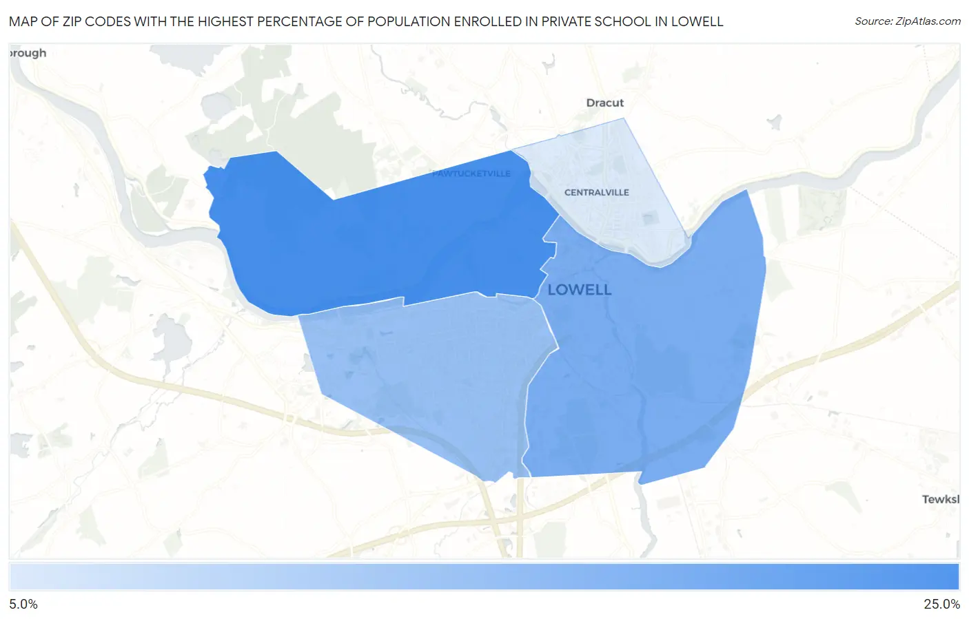 Zip Codes with the Highest Percentage of Population Enrolled in Private School in Lowell Map