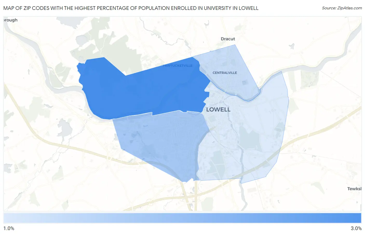 Zip Codes with the Highest Percentage of Population Enrolled in University in Lowell Map
