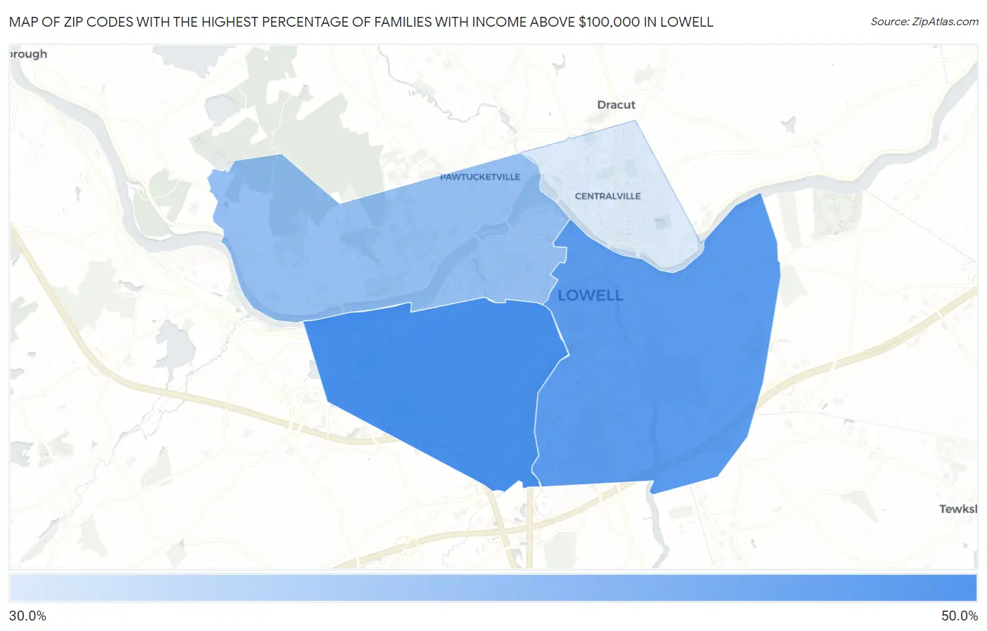 Zip Codes with the Highest Percentage of Families with Income Above $100,000 in Lowell Map
