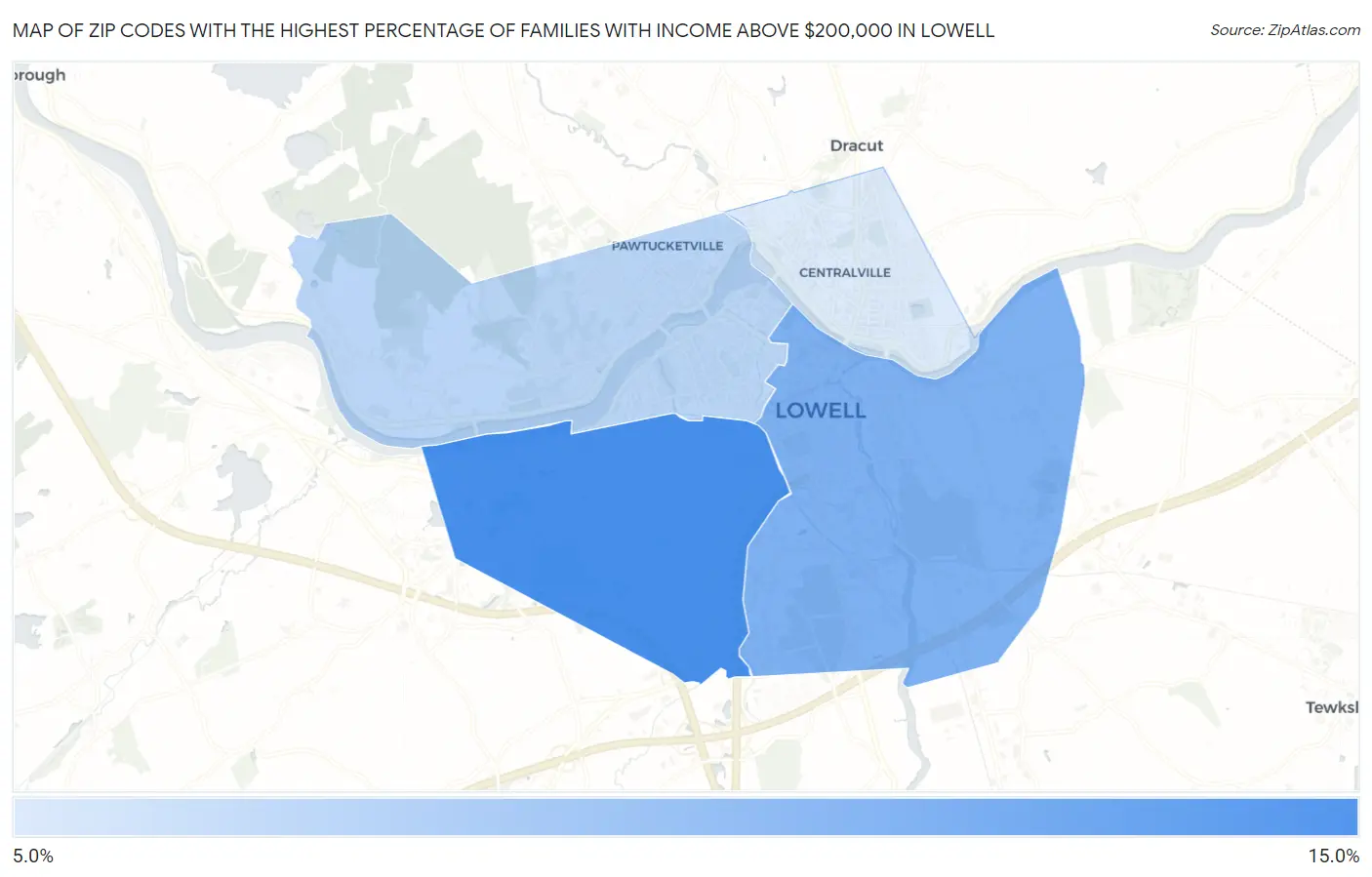 Zip Codes with the Highest Percentage of Families with Income Above $200,000 in Lowell Map