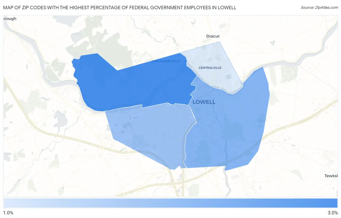 Zip Codes with the Highest Percentage of Federal Government Employees in Lowell Map
