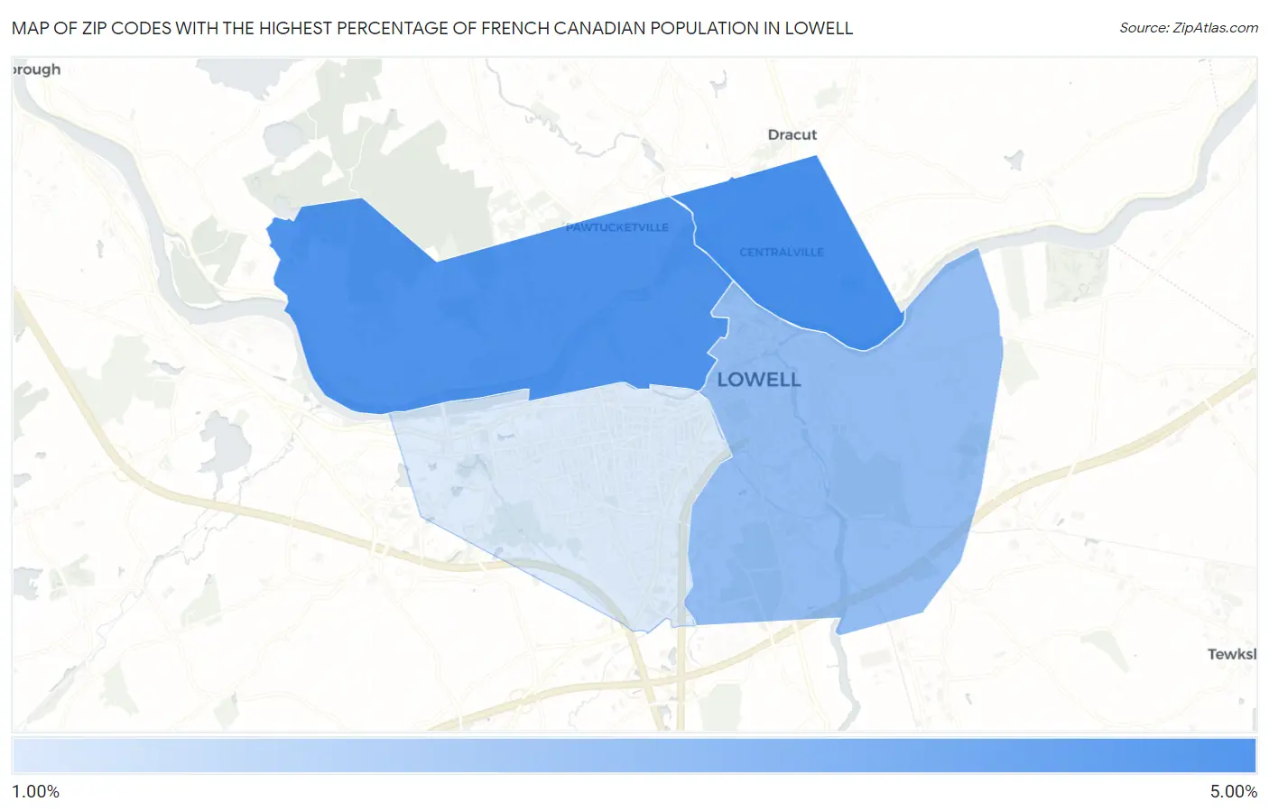 Zip Codes with the Highest Percentage of French Canadian Population in Lowell Map
