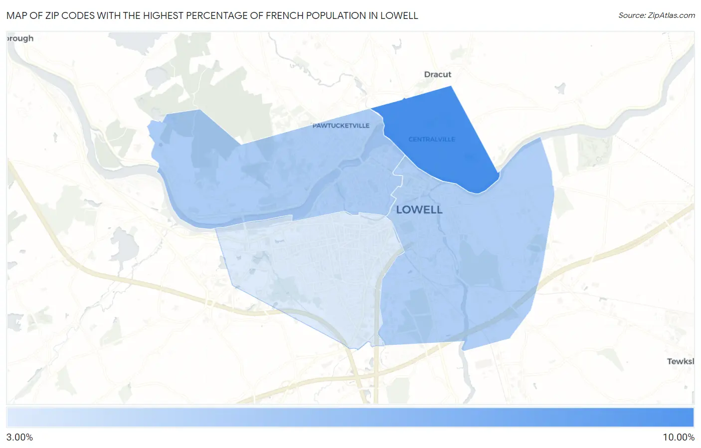 Zip Codes with the Highest Percentage of French Population in Lowell Map