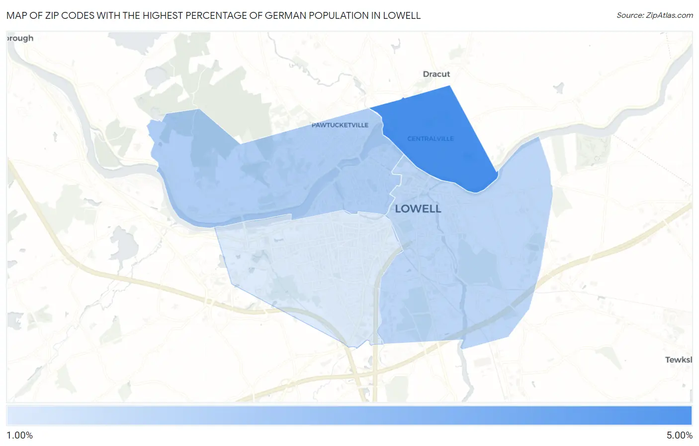 Zip Codes with the Highest Percentage of German Population in Lowell Map