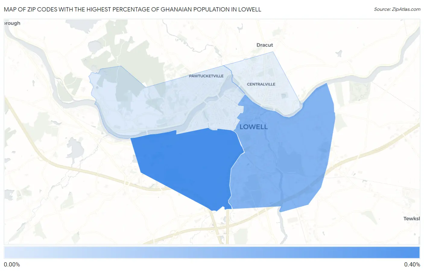 Zip Codes with the Highest Percentage of Ghanaian Population in Lowell Map