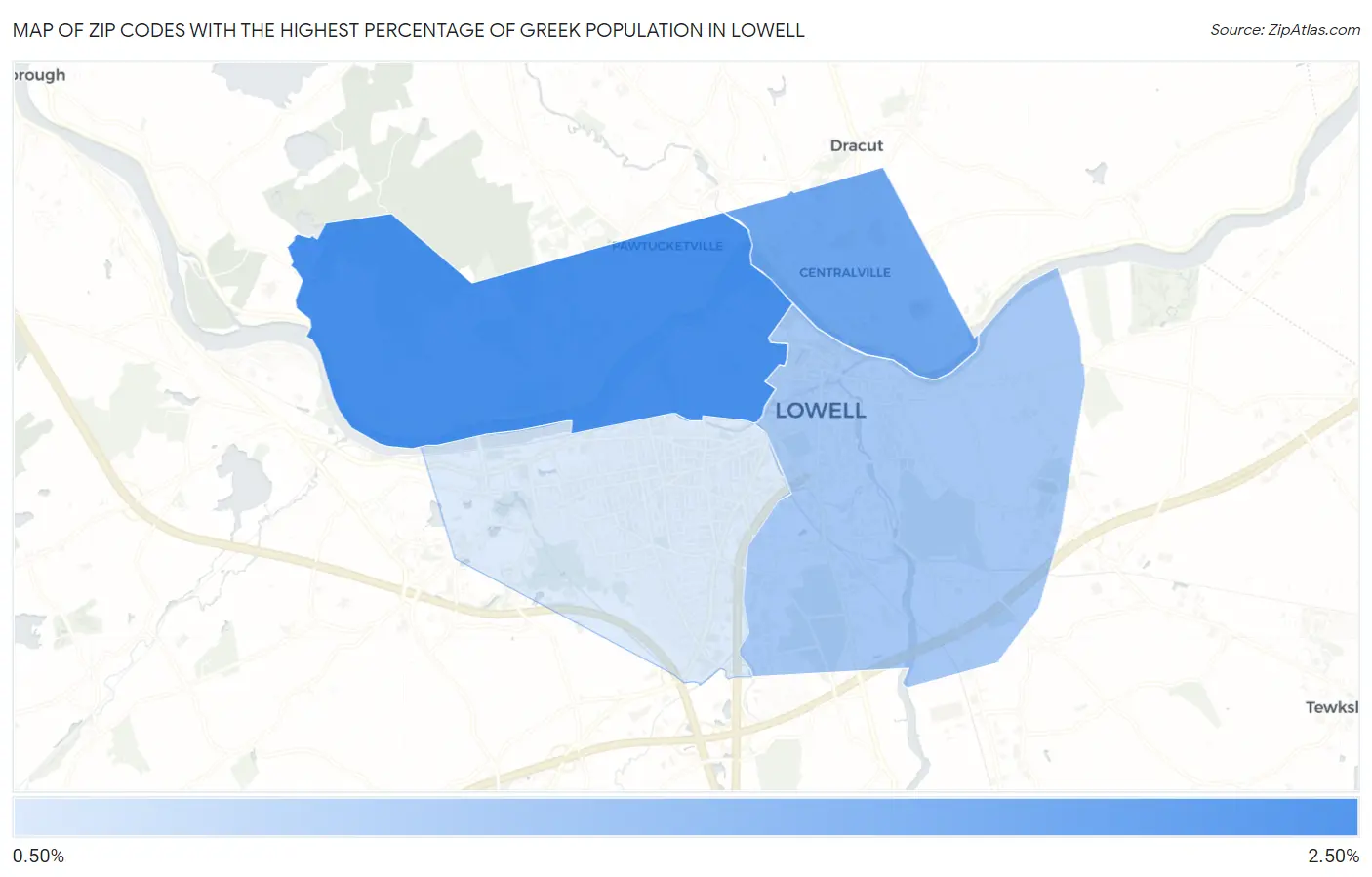 Zip Codes with the Highest Percentage of Greek Population in Lowell Map
