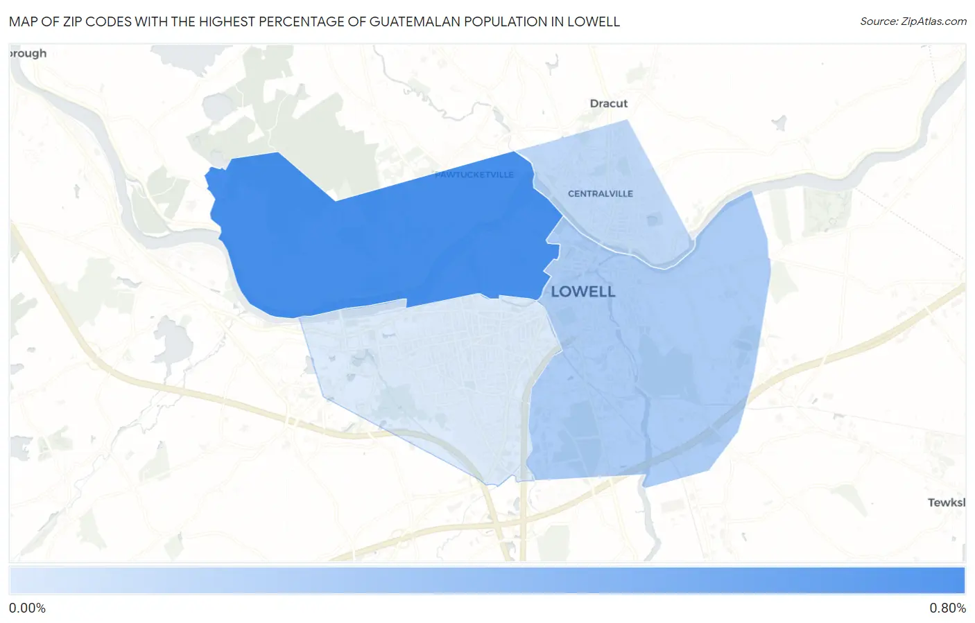 Zip Codes with the Highest Percentage of Guatemalan Population in Lowell Map