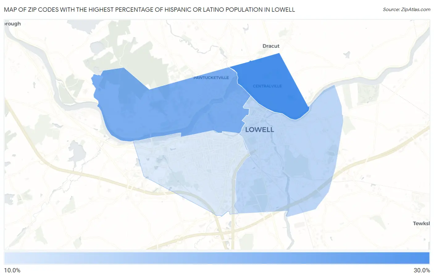 Zip Codes with the Highest Percentage of Hispanic or Latino Population in Lowell Map