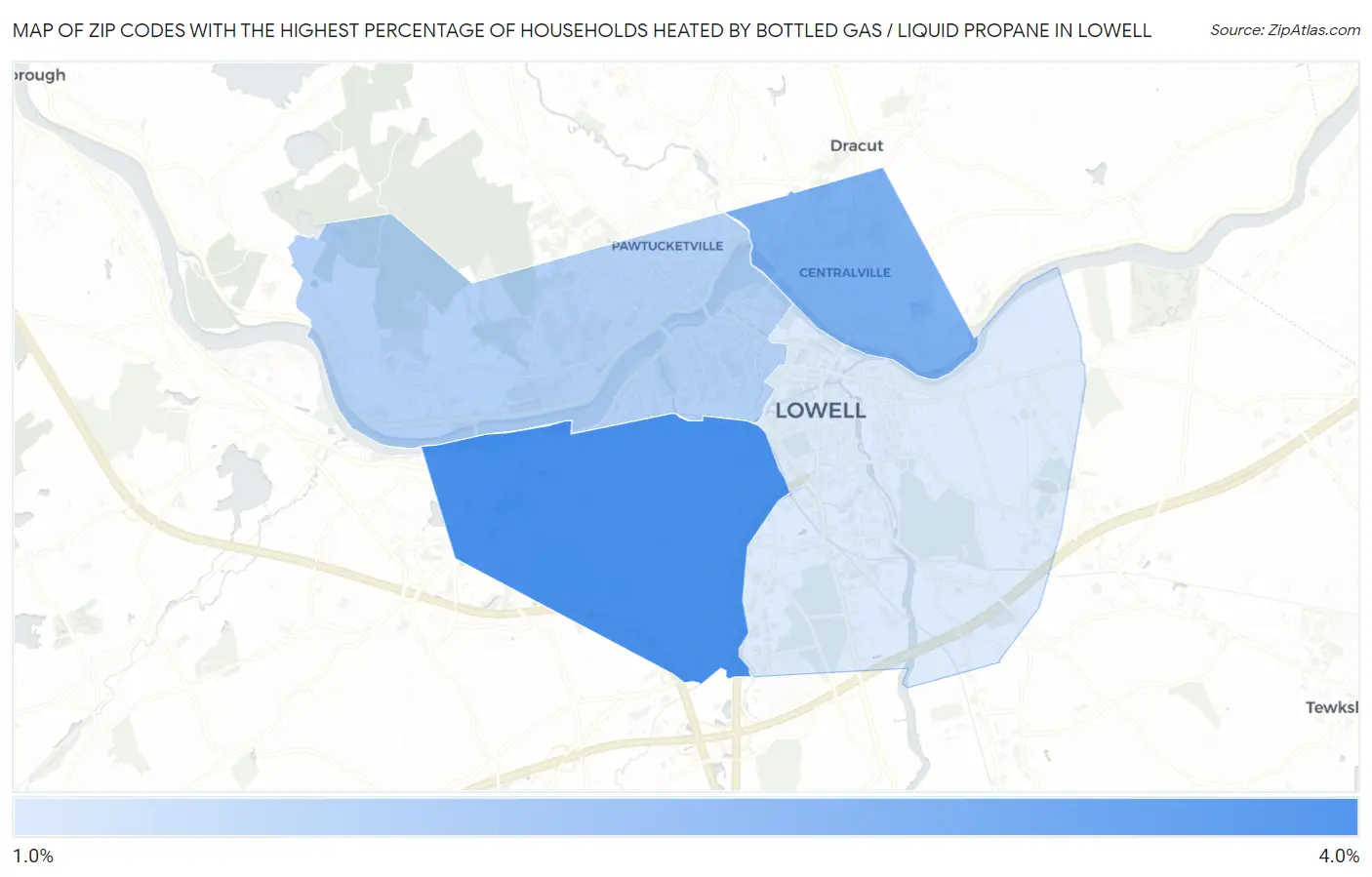 Zip Codes with the Highest Percentage of Households Heated by Bottled Gas / Liquid Propane in Lowell Map