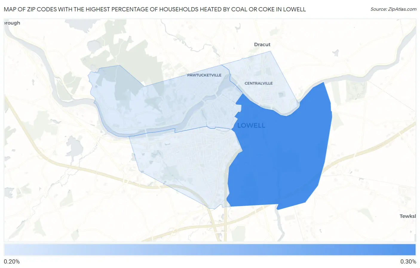 Zip Codes with the Highest Percentage of Households Heated by Coal or Coke in Lowell Map
