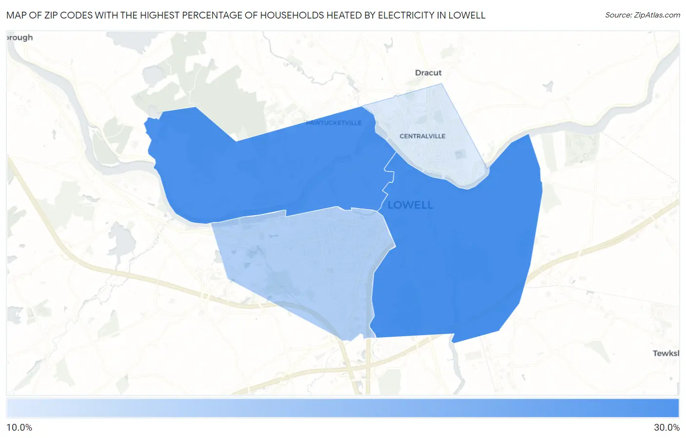 Zip Codes with the Highest Percentage of Households Heated by Electricity in Lowell Map