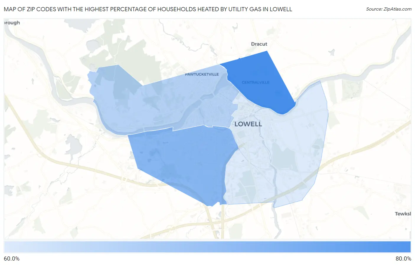 Zip Codes with the Highest Percentage of Households Heated by Utility Gas in Lowell Map