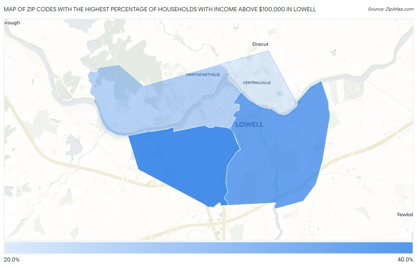 Zip Codes with the Highest Percentage of Households with Income Above $100,000 in Lowell Map