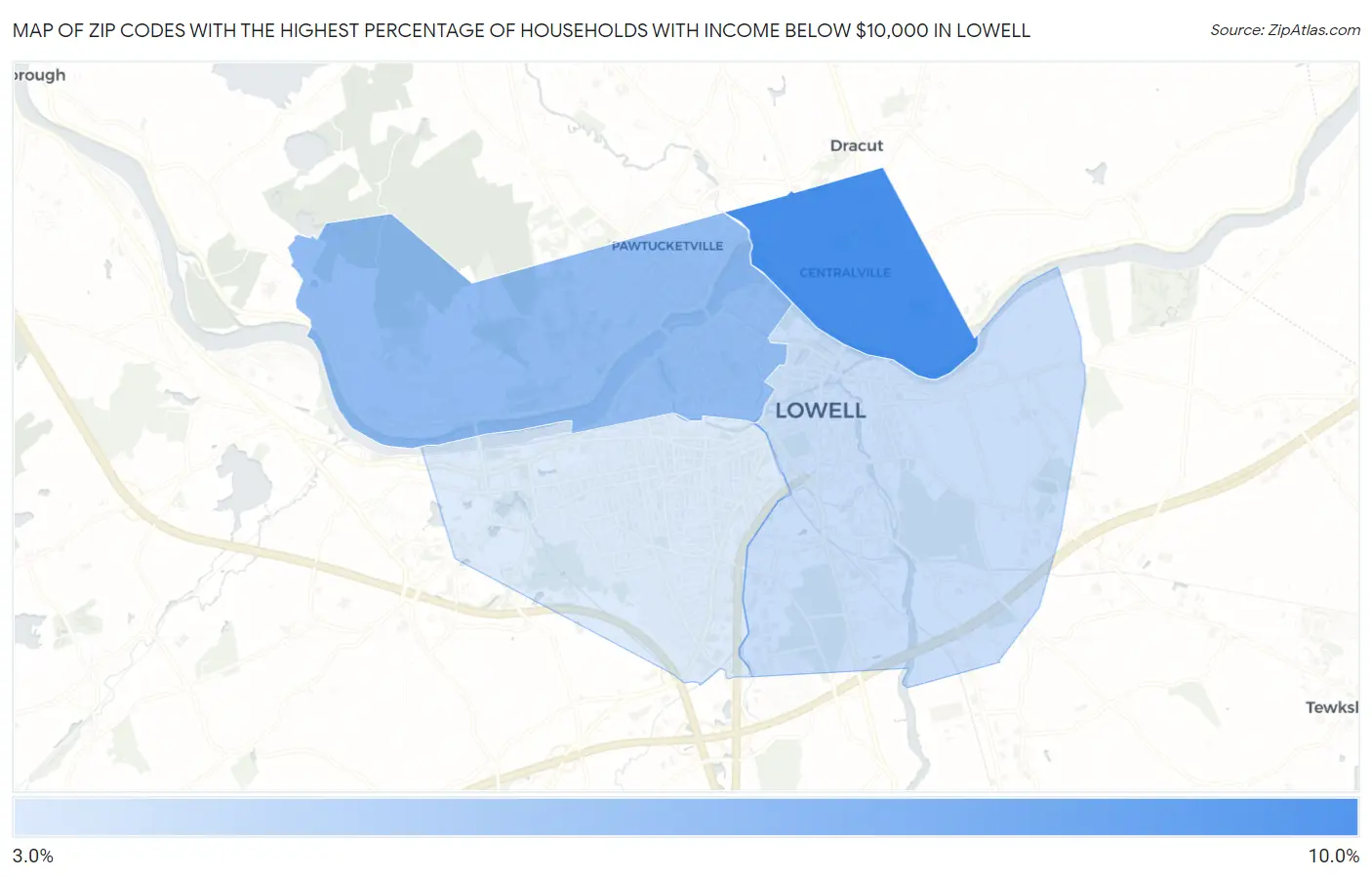 Zip Codes with the Highest Percentage of Households with Income Below $10,000 in Lowell Map
