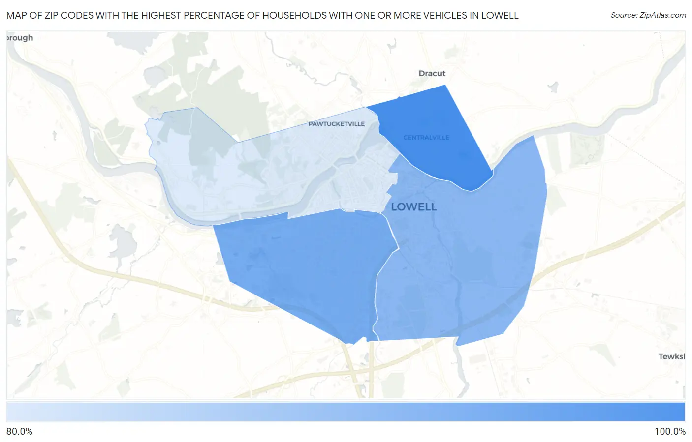 Zip Codes with the Highest Percentage of Households With One or more Vehicles in Lowell Map