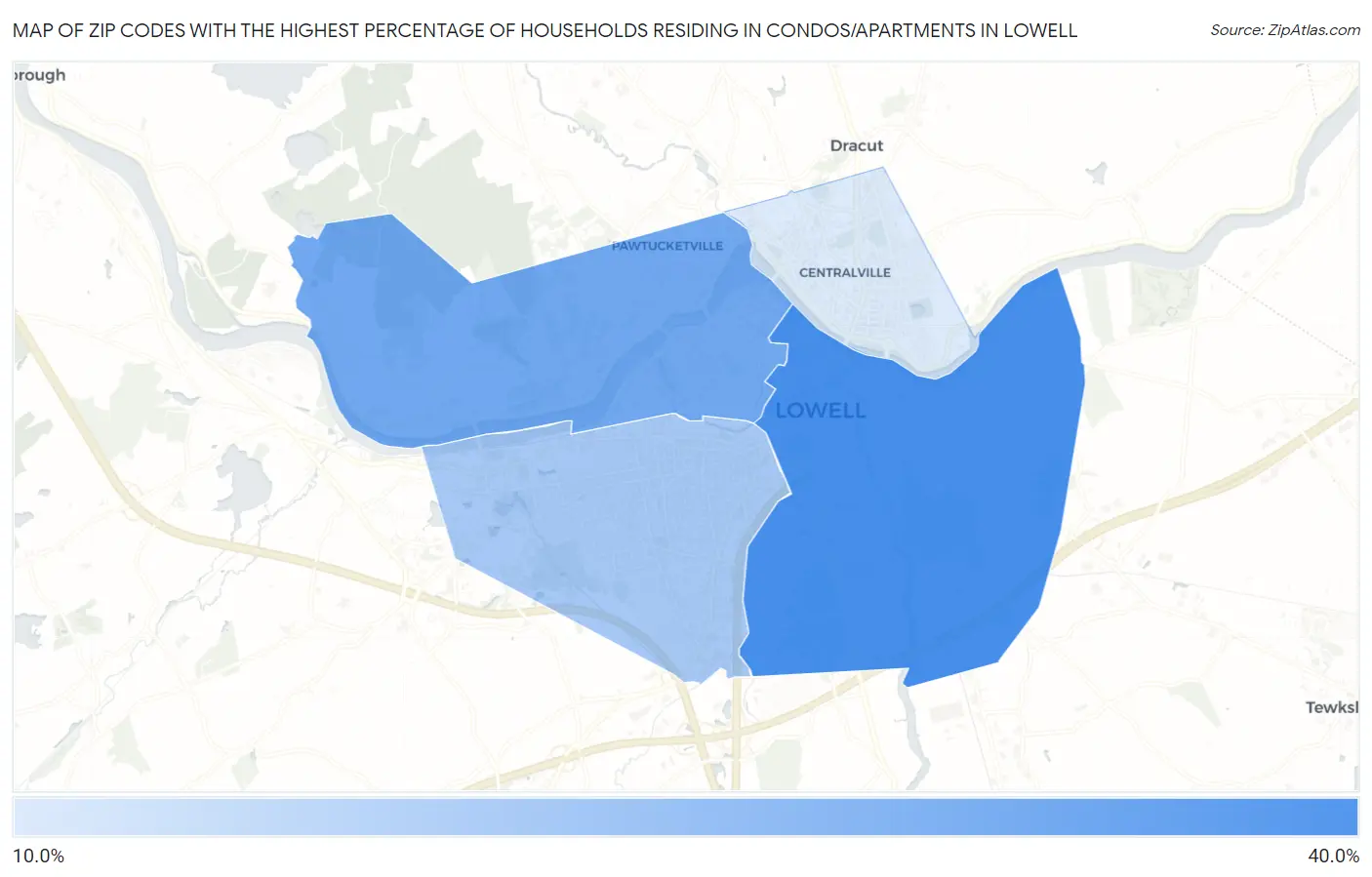 Zip Codes with the Highest Percentage of Households Residing in Condos/Apartments in Lowell Map