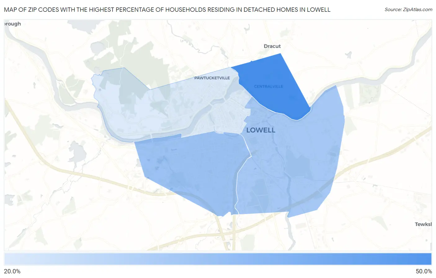 Zip Codes with the Highest Percentage of Households Residing in Detached Homes in Lowell Map