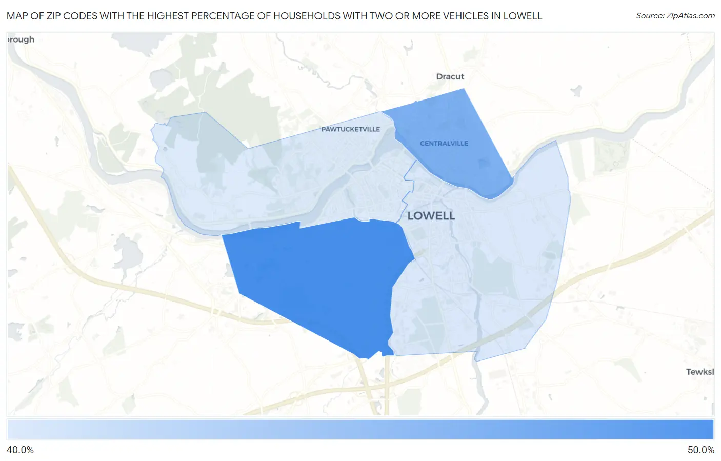 Zip Codes with the Highest Percentage of Households With Two or more Vehicles in Lowell Map