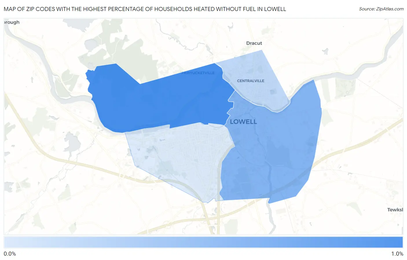 Zip Codes with the Highest Percentage of Households Heated without Fuel in Lowell Map