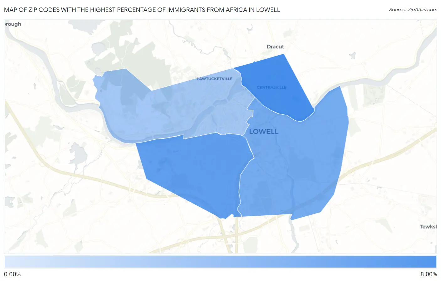 Zip Codes with the Highest Percentage of Immigrants from Africa in Lowell Map