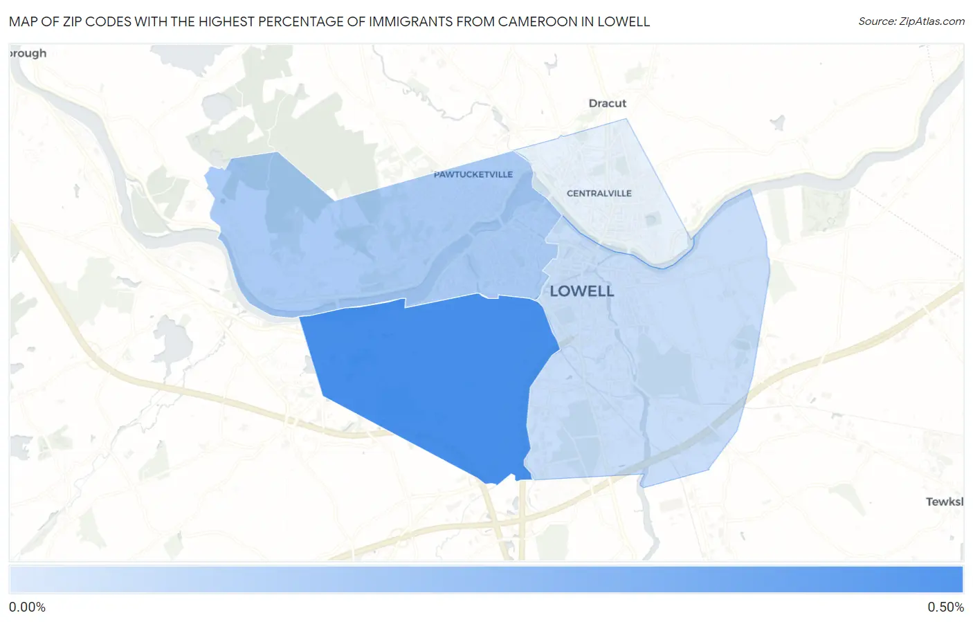 Zip Codes with the Highest Percentage of Immigrants from Cameroon in Lowell Map