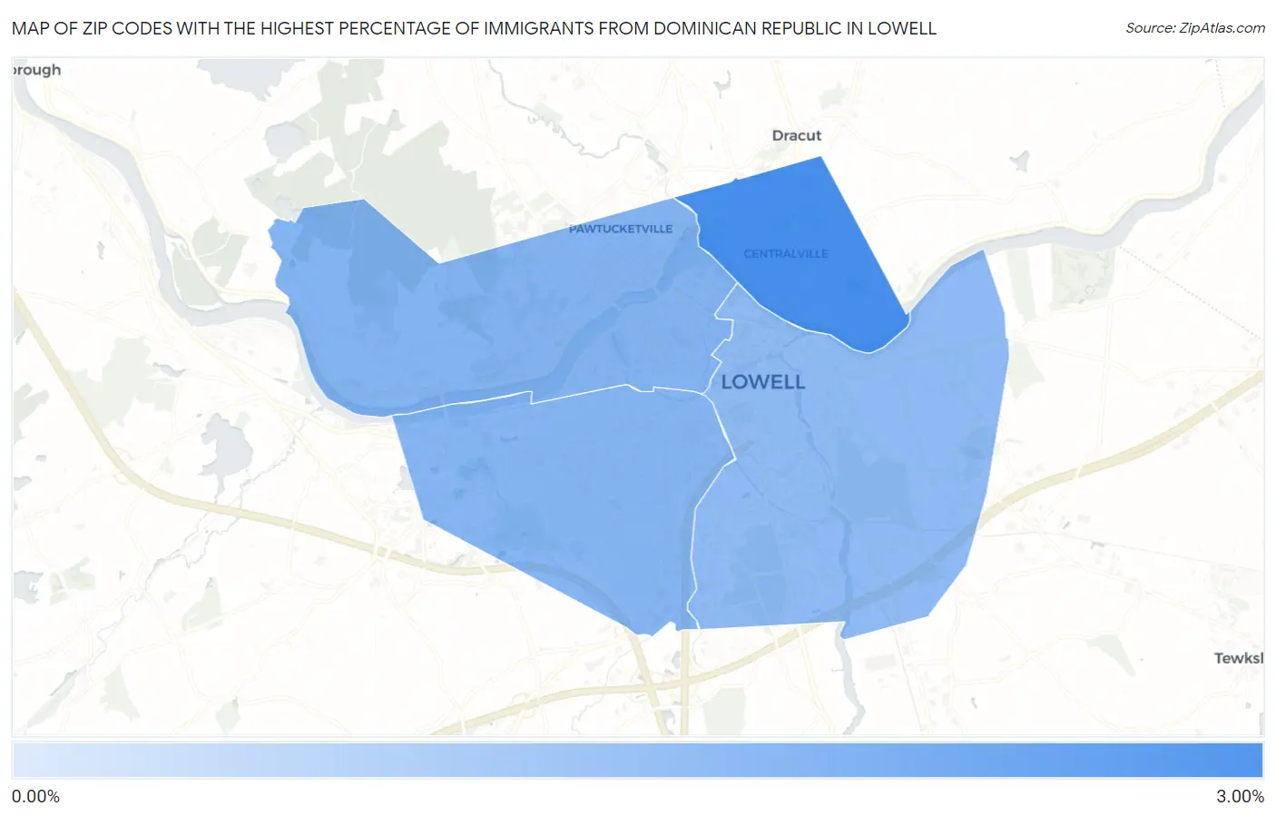 Zip Codes with the Highest Percentage of Immigrants from Dominican Republic in Lowell Map