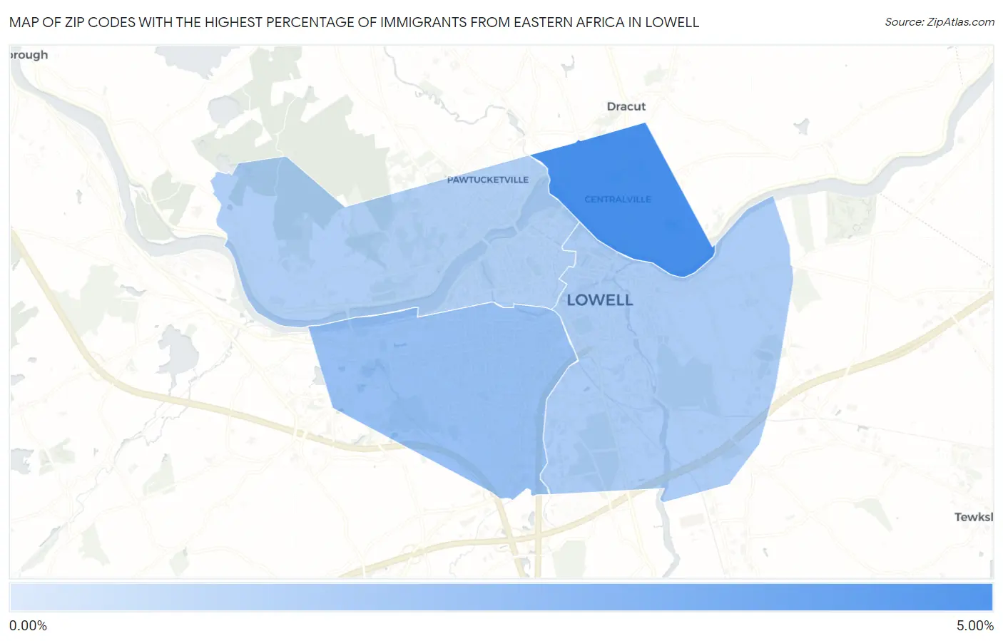 Zip Codes with the Highest Percentage of Immigrants from Eastern Africa in Lowell Map