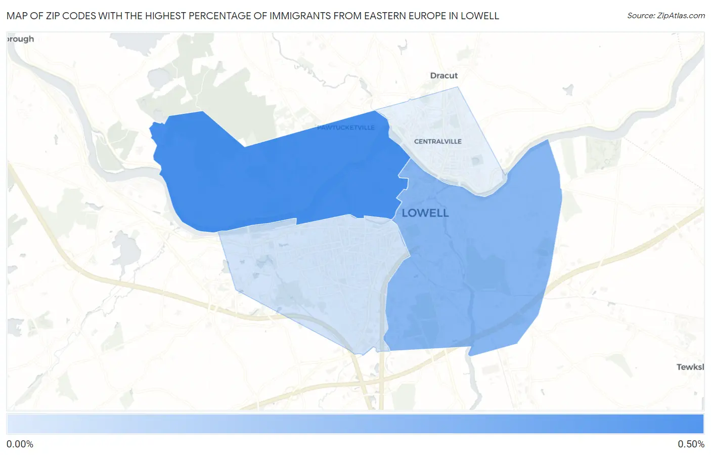 Zip Codes with the Highest Percentage of Immigrants from Eastern Europe in Lowell Map