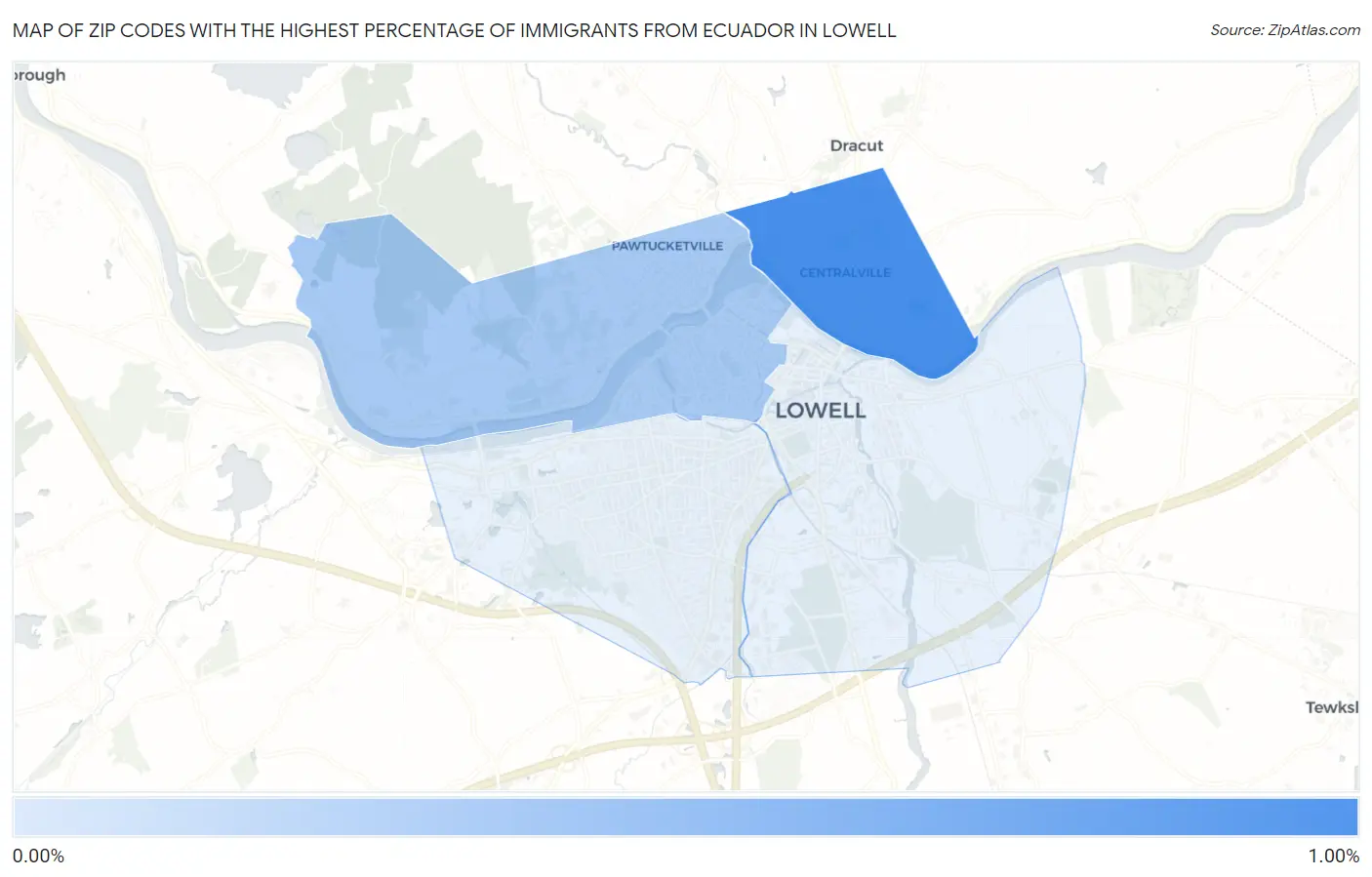 Zip Codes with the Highest Percentage of Immigrants from Ecuador in Lowell Map