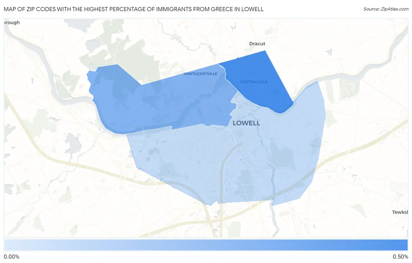 Zip Codes with the Highest Percentage of Immigrants from Greece in Lowell Map