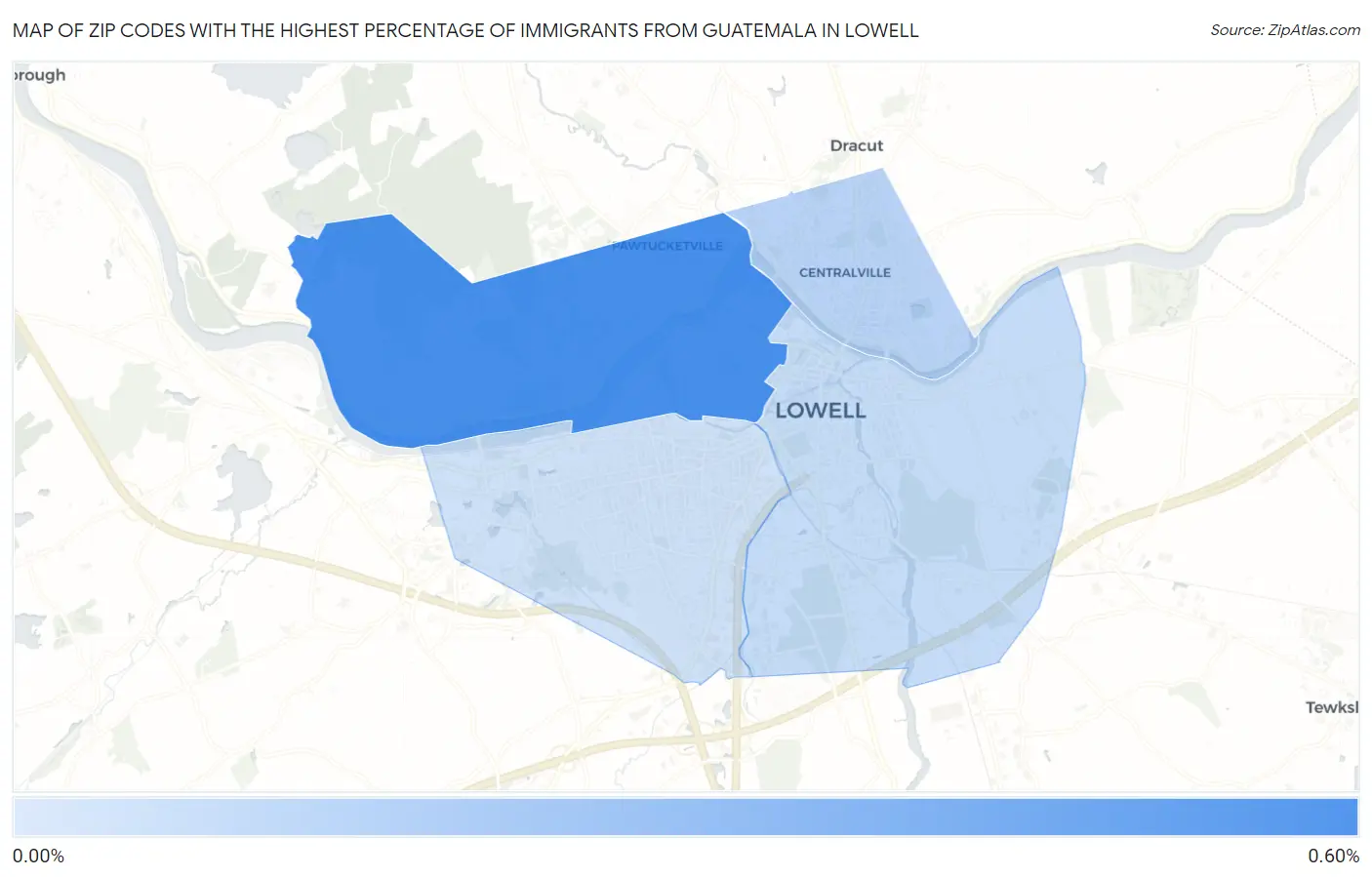 Zip Codes with the Highest Percentage of Immigrants from Guatemala in Lowell Map