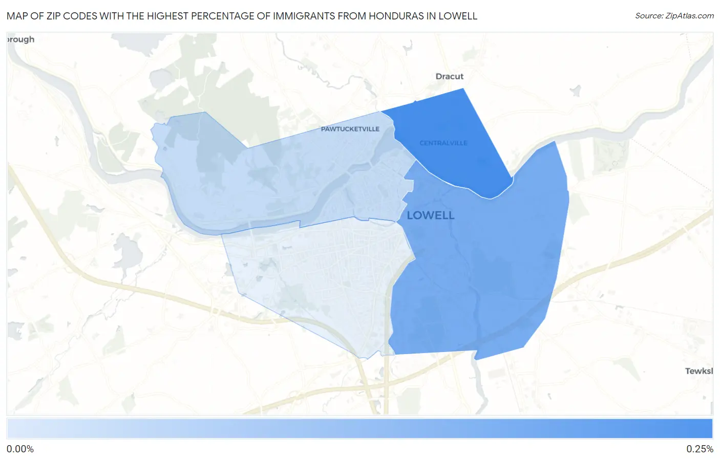 Zip Codes with the Highest Percentage of Immigrants from Honduras in Lowell Map