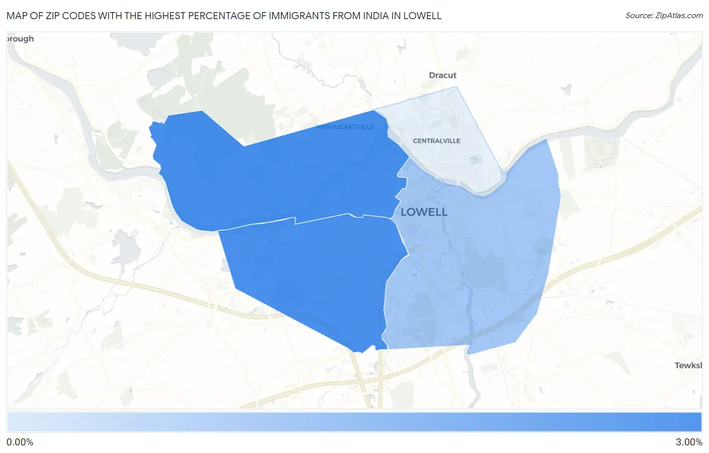 Zip Codes with the Highest Percentage of Immigrants from India in Lowell Map