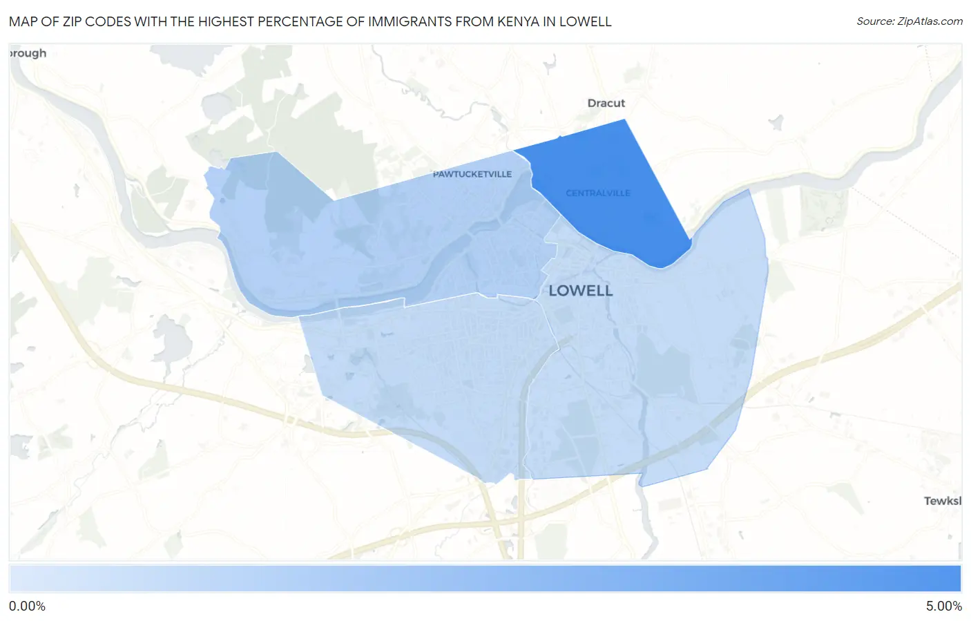 Zip Codes with the Highest Percentage of Immigrants from Kenya in Lowell Map