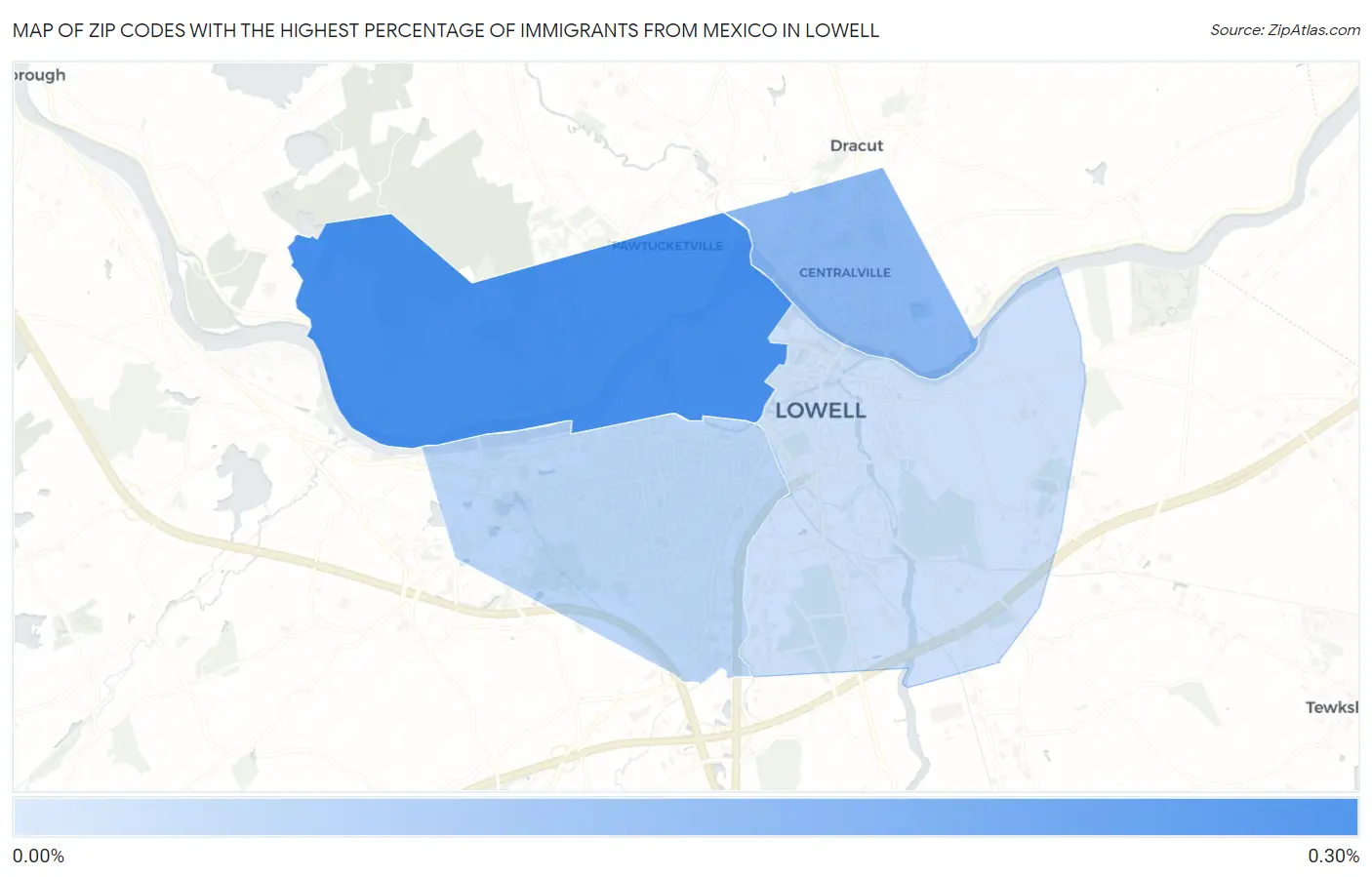 Zip Codes with the Highest Percentage of Immigrants from Mexico in Lowell Map