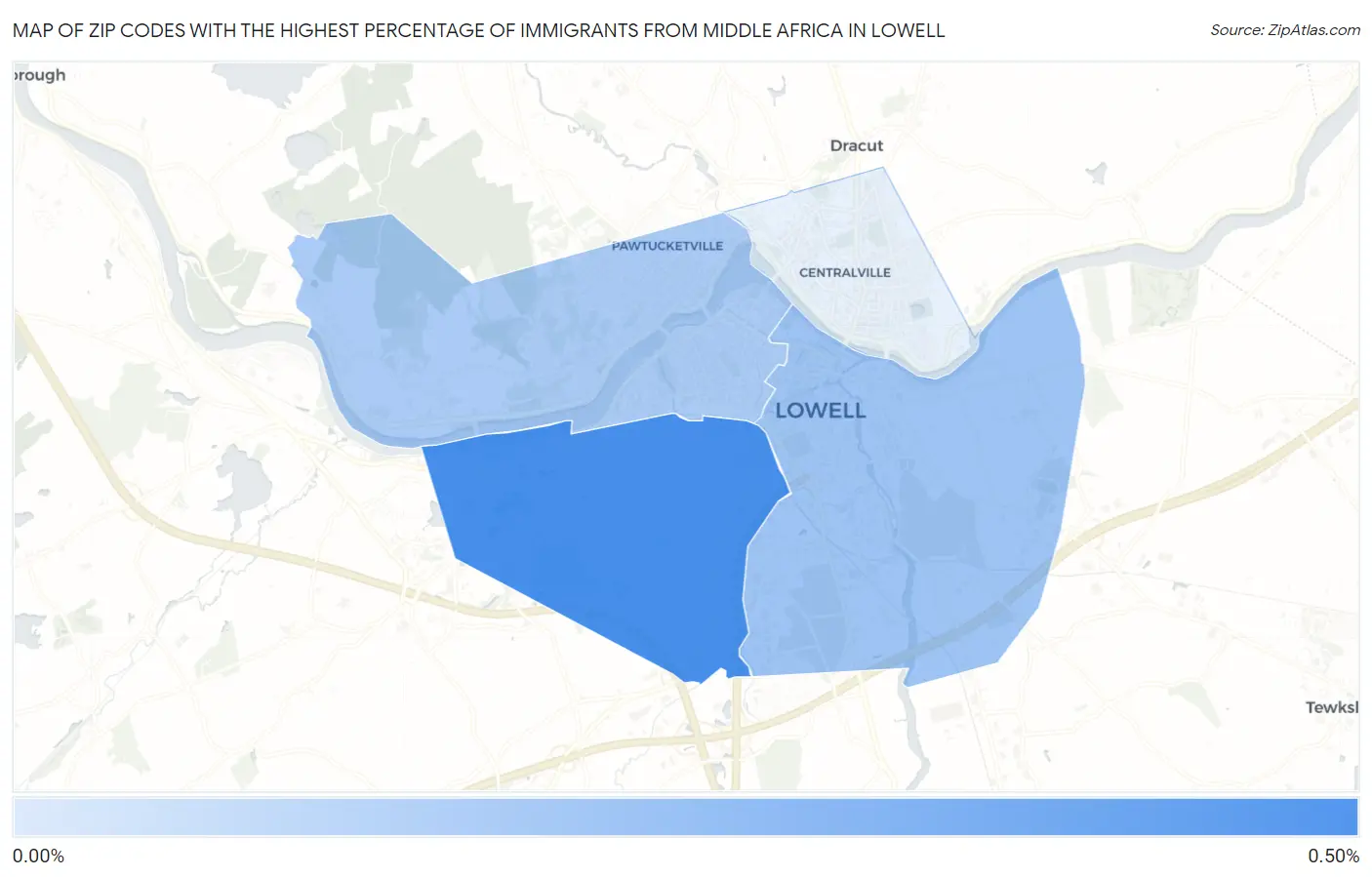 Zip Codes with the Highest Percentage of Immigrants from Middle Africa in Lowell Map