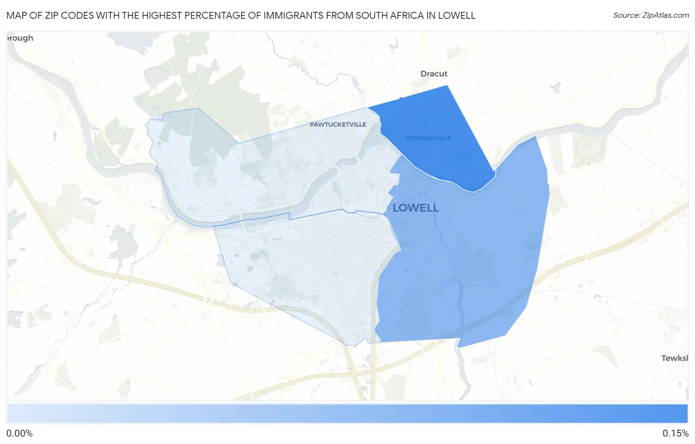 Zip Codes with the Highest Percentage of Immigrants from South Africa in Lowell Map